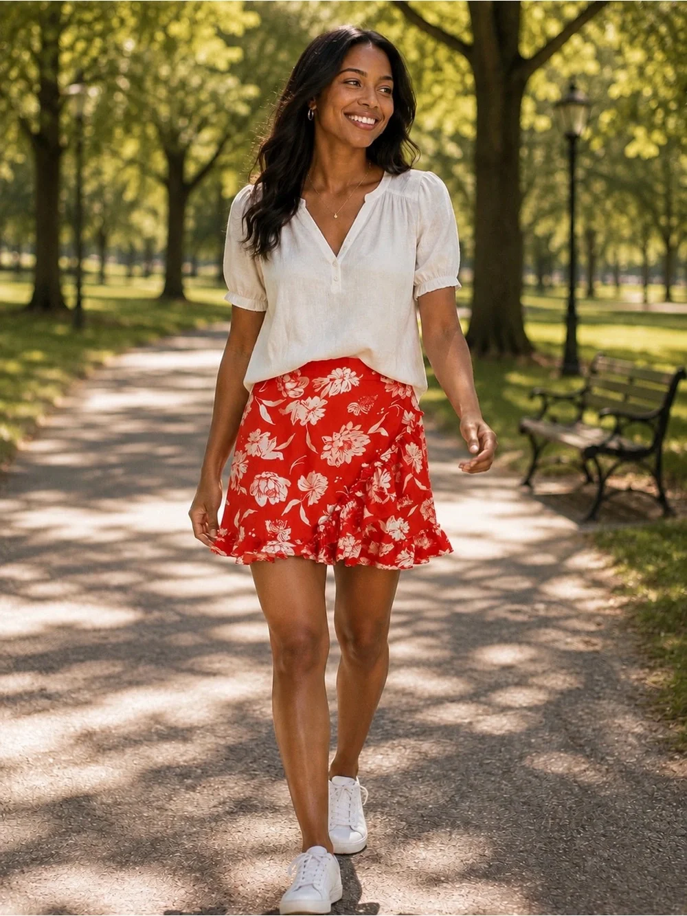 Free People Red Floral Ruffle Mini Skirt